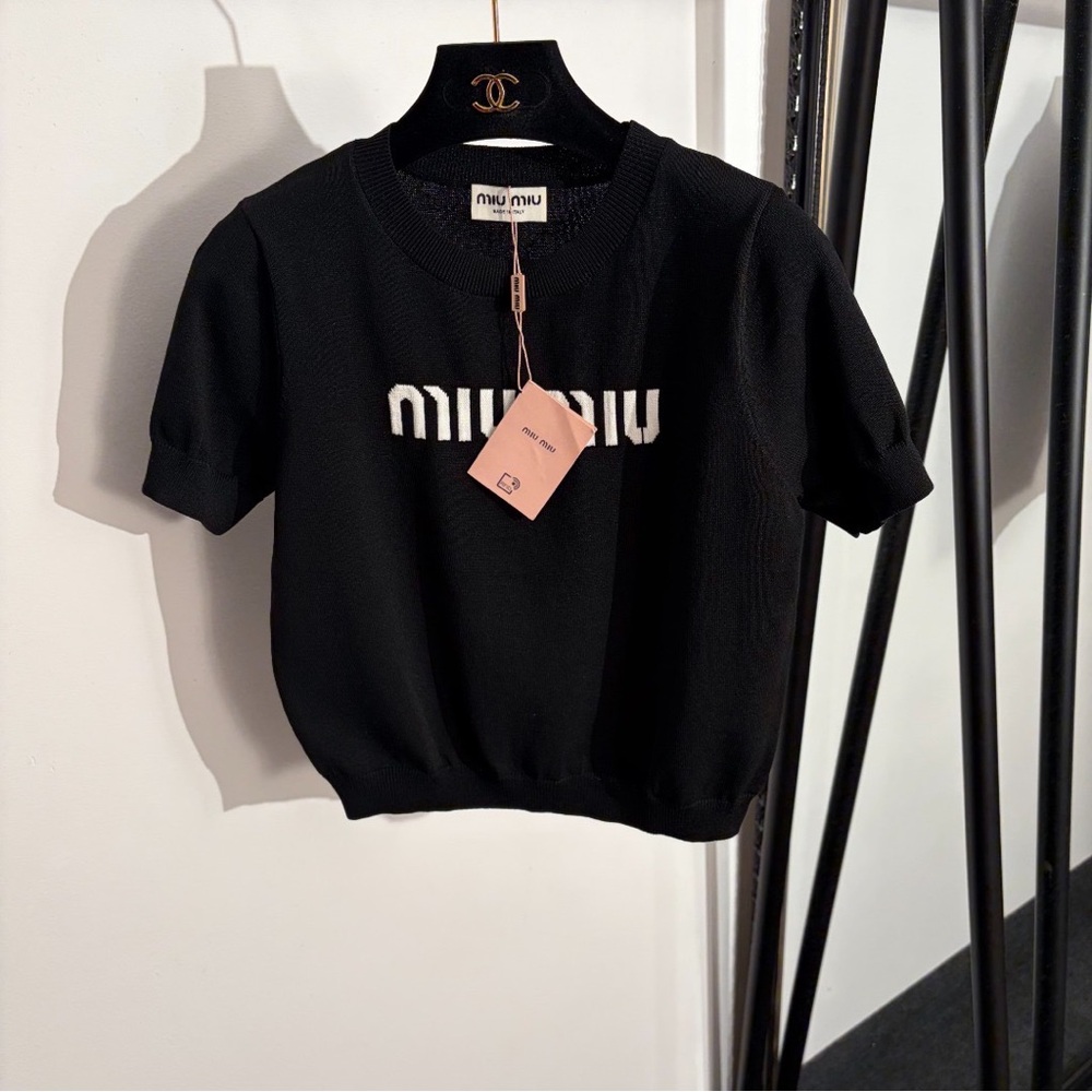 Miu Miu Black Short-Sleeve Knit Tee with White Logo